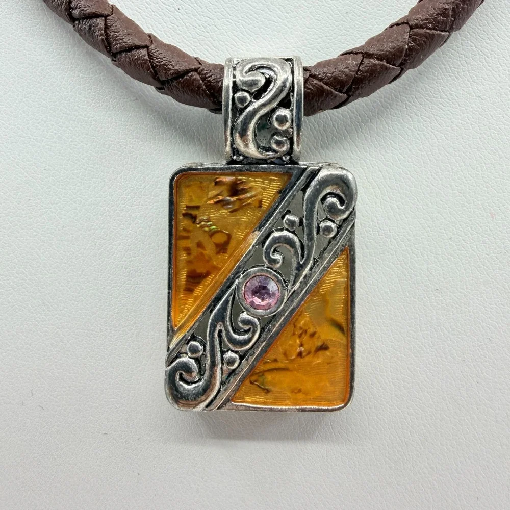 VTG Amber & Silver Resin Statement Necklace with Braided Leather Pendant